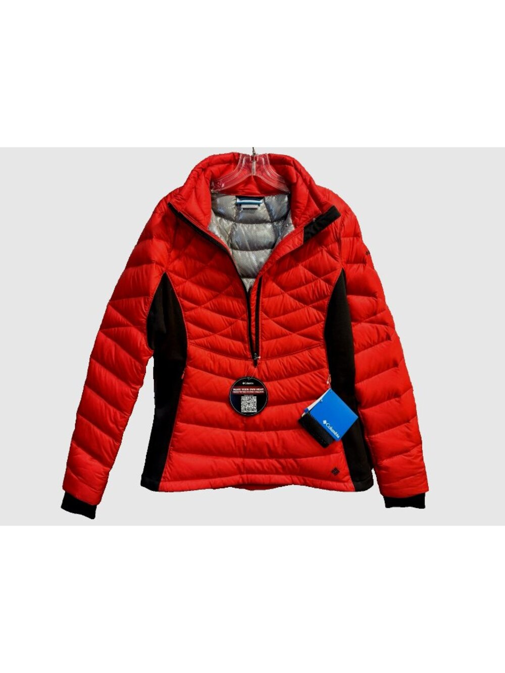 Columbia Jacket Women's Red Half Zip Puffer 700 Down Fill Omni Heat Sz M, NEW